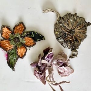 Vintage Boho Trio of Chenille, Metallic Thread Floral Hat & Clothing Accessories
